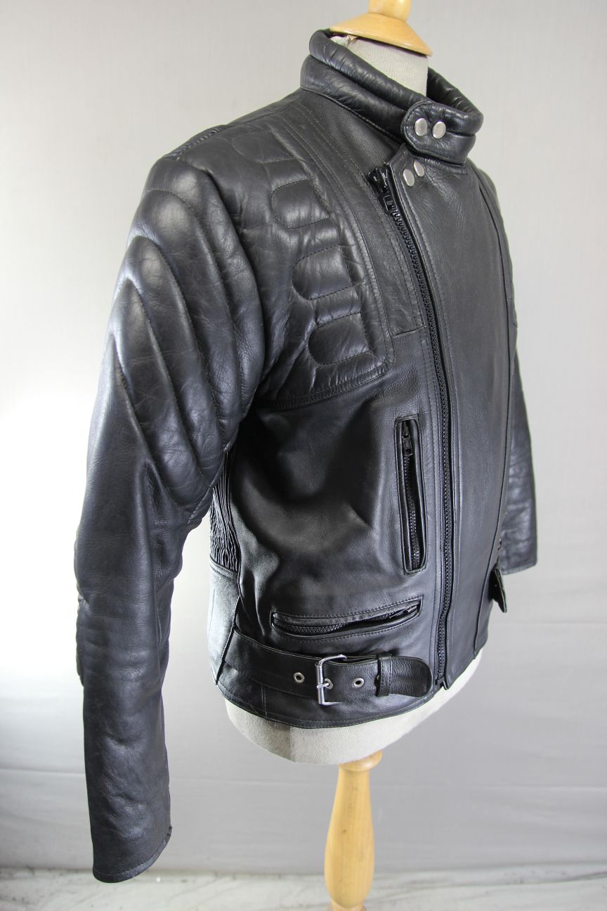 CLASSIC 'STOP' BLACK LEATHER BIKER JACKET 38-40 INCH
