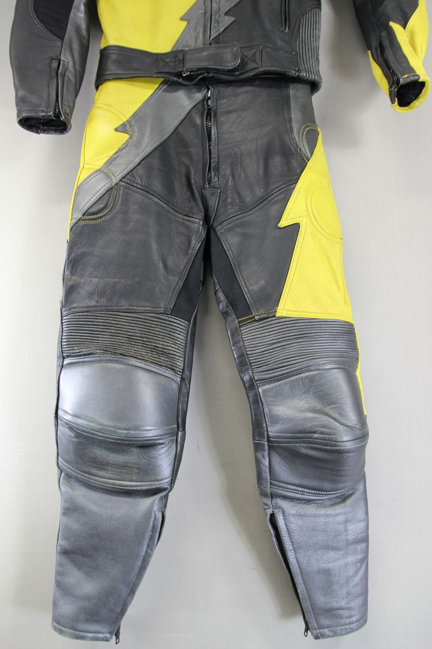J&S 2 PIECE BLACK, SILVER & YELLOW LEATHER BIKER SUIT WITH BACK PROTECTOR 38 IN