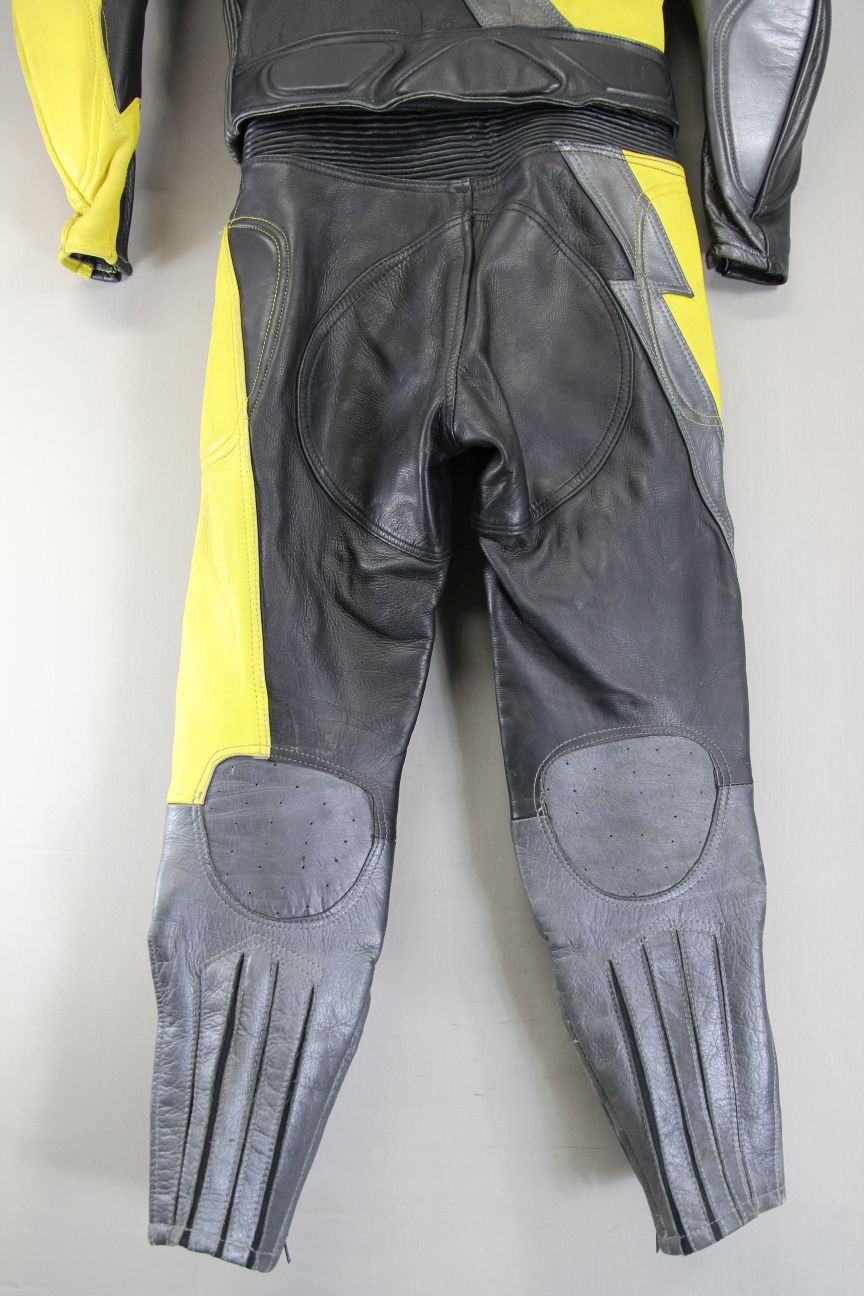 J&S 2 PIECE BLACK, SILVER & YELLOW LEATHER BIKER SUIT WITH BACK PROTECTOR 38 IN