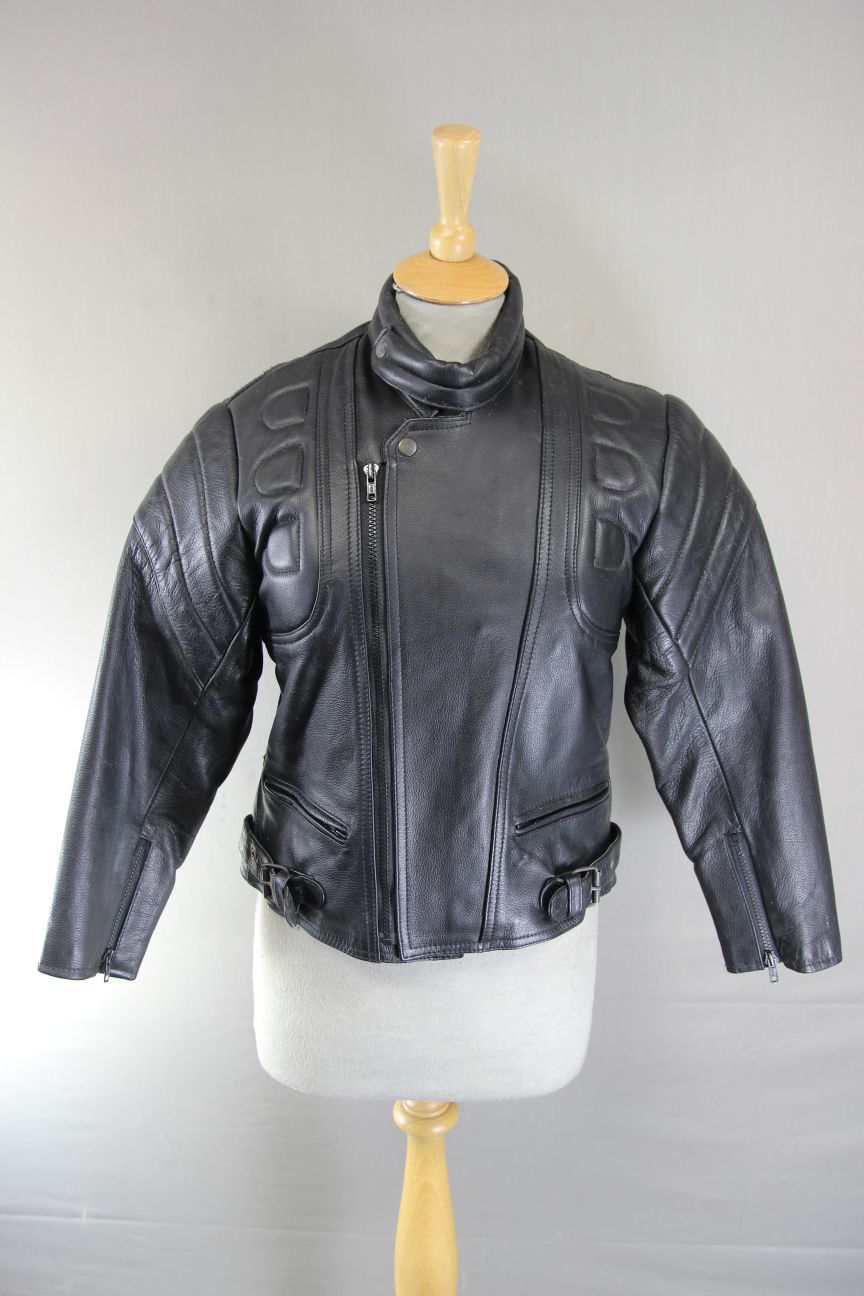 CLASSIC SKINTAN BLACK COWHIDE LEATHER BIKER JACKET 32 INCH