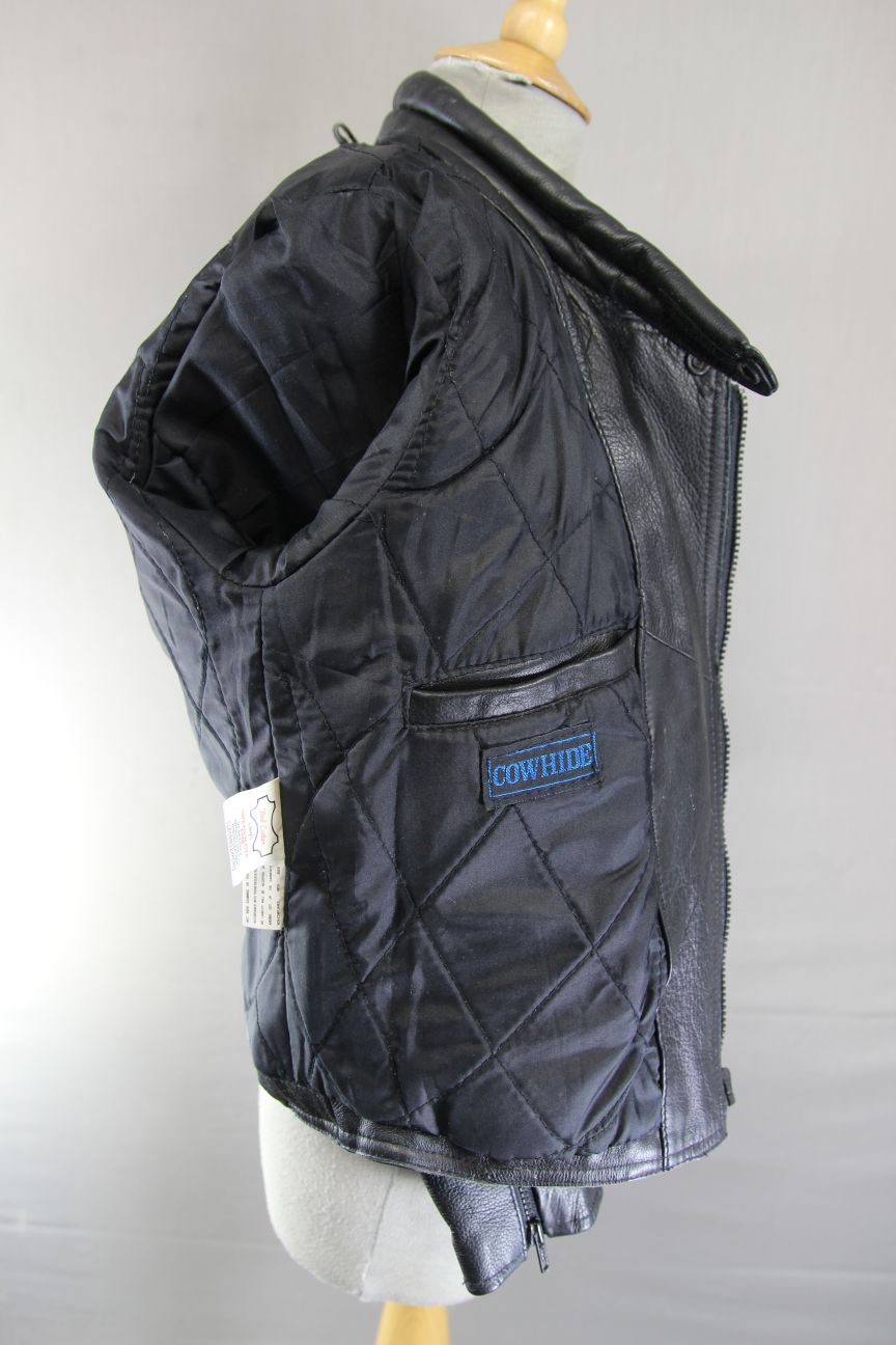 CLASSIC SKINTAN BLACK COWHIDE LEATHER BIKER JACKET 32 INCH