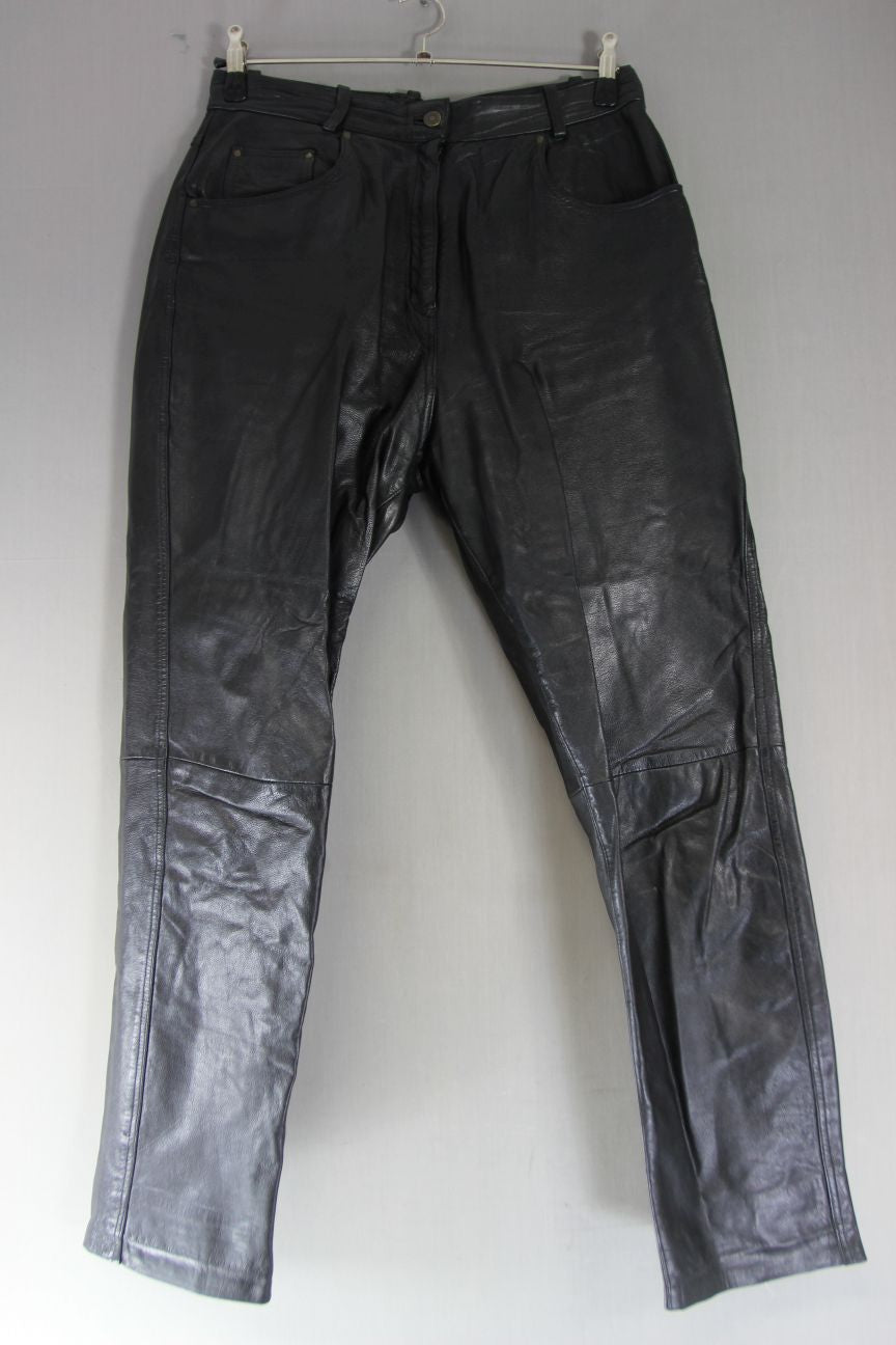 MODERN CLASSICS BLACK LEATHER BIKER JEANS SIZE 18: WAIST 32 IN/INSIDE LEG 31 IN