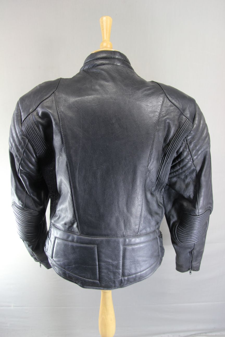 CLASSIC J&S BLACK LEATHER BIKER JACKET WITH REMOVABLE BACK PROTECTOR 42-44 INCH