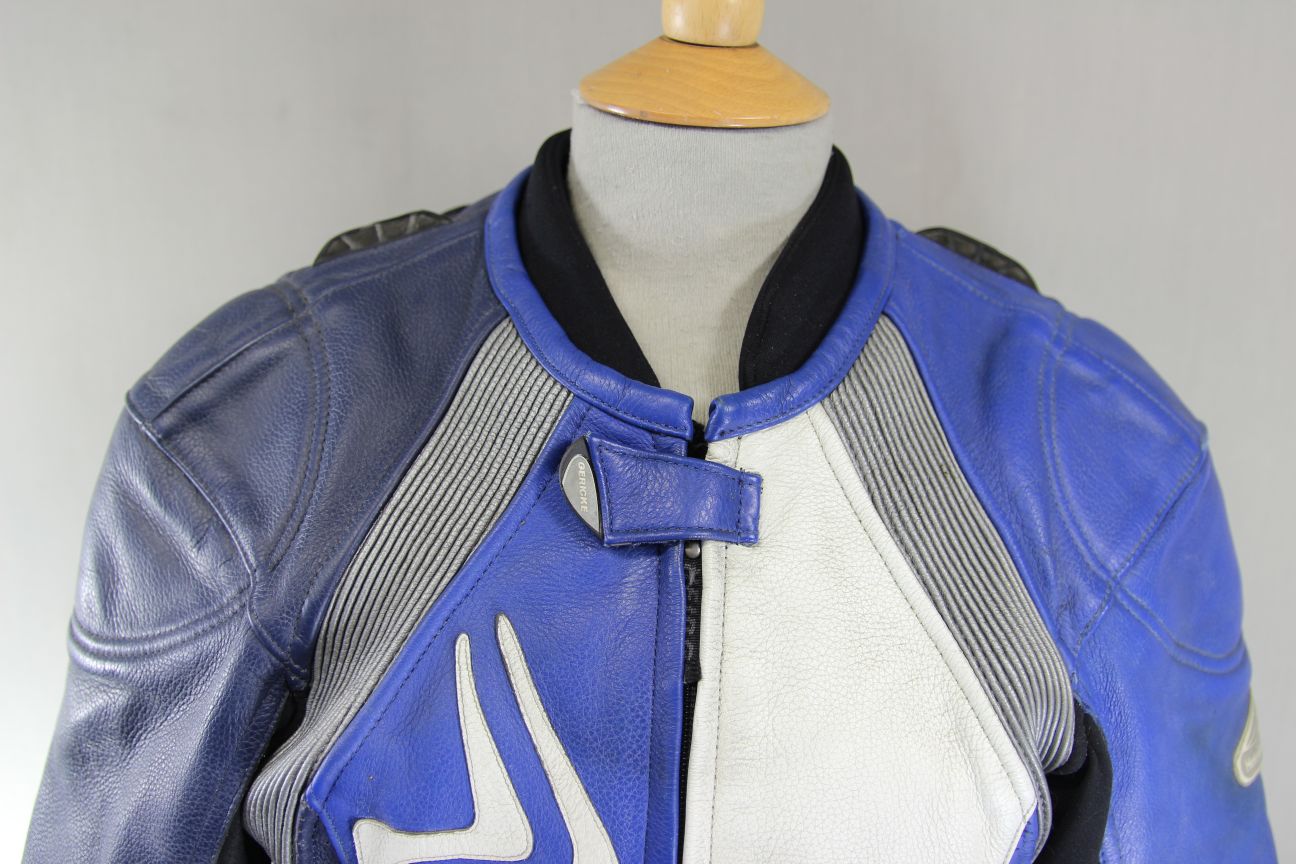 HEIN GERICKE PRO SPORTS BLUE, WHITE & BLACK LEATHER BIKER JACKET+CE ARMOUR 34IN