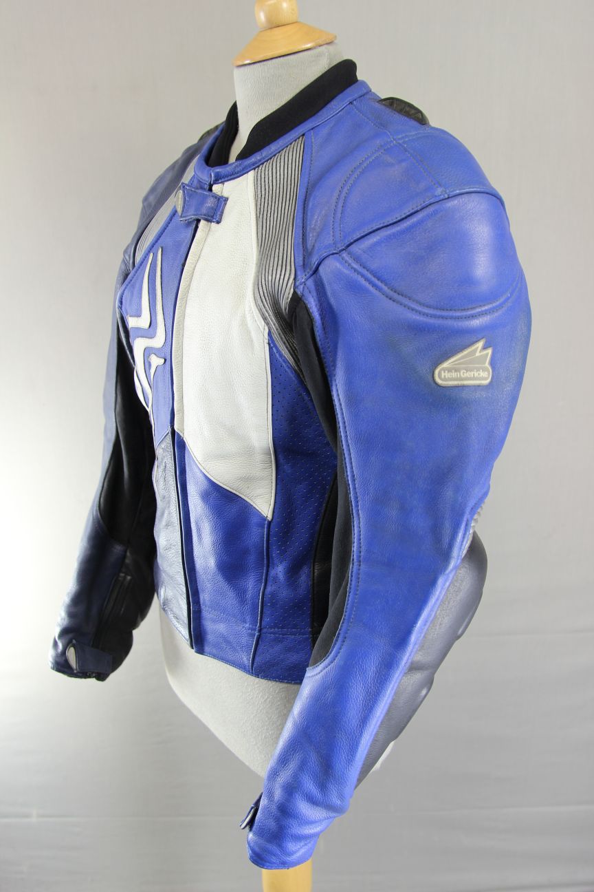HEIN GERICKE PRO SPORTS BLUE, WHITE & BLACK LEATHER BIKER JACKET+CE ARMOUR 34IN
