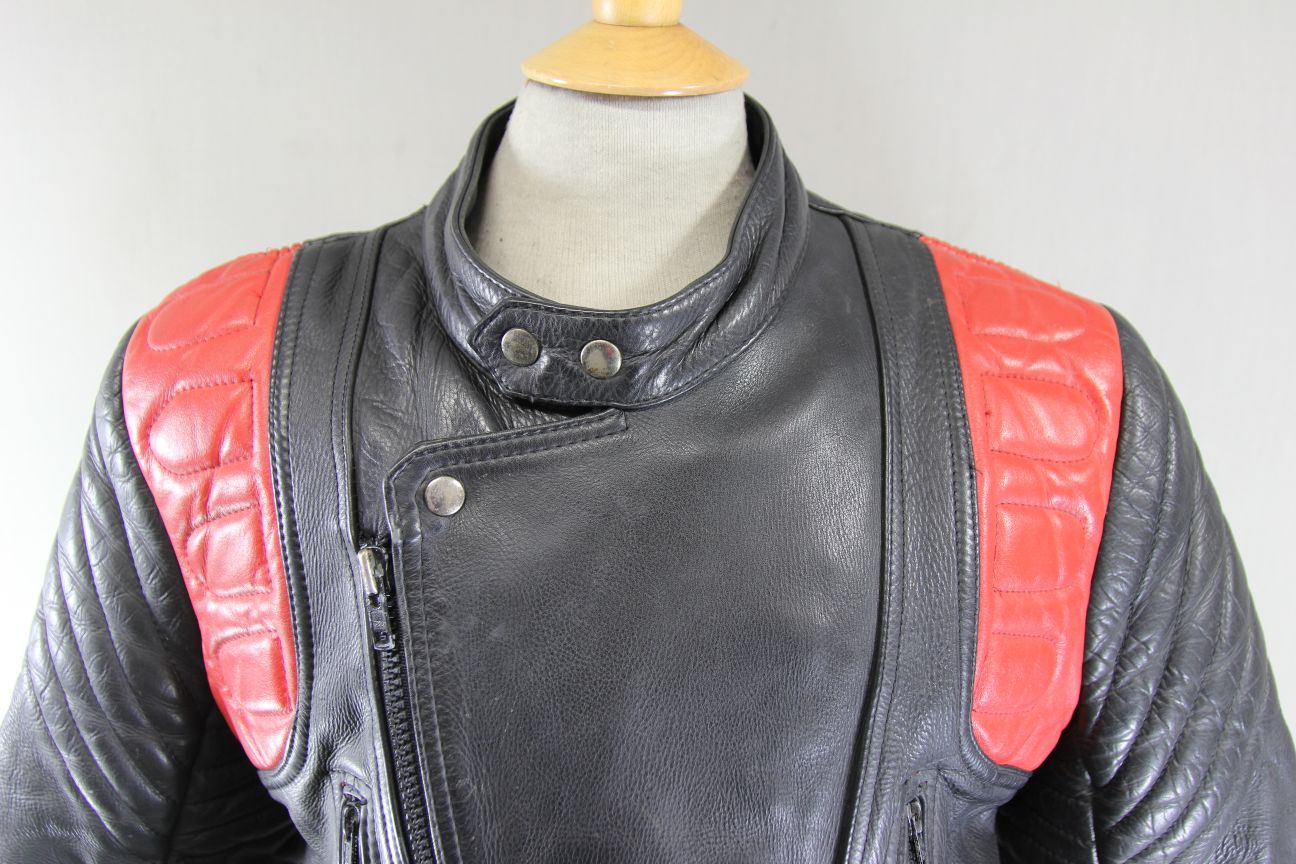 VINTAGE BLACK & RED COWHIDE LEATHER BIKER JACKET 40-42 INCH