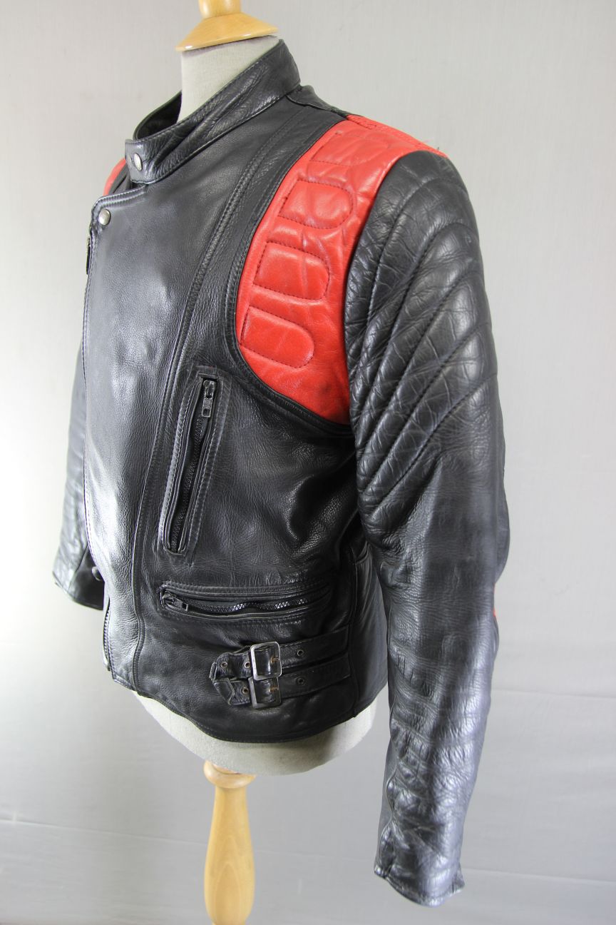 VINTAGE BLACK & RED COWHIDE LEATHER BIKER JACKET 40-42 INCH