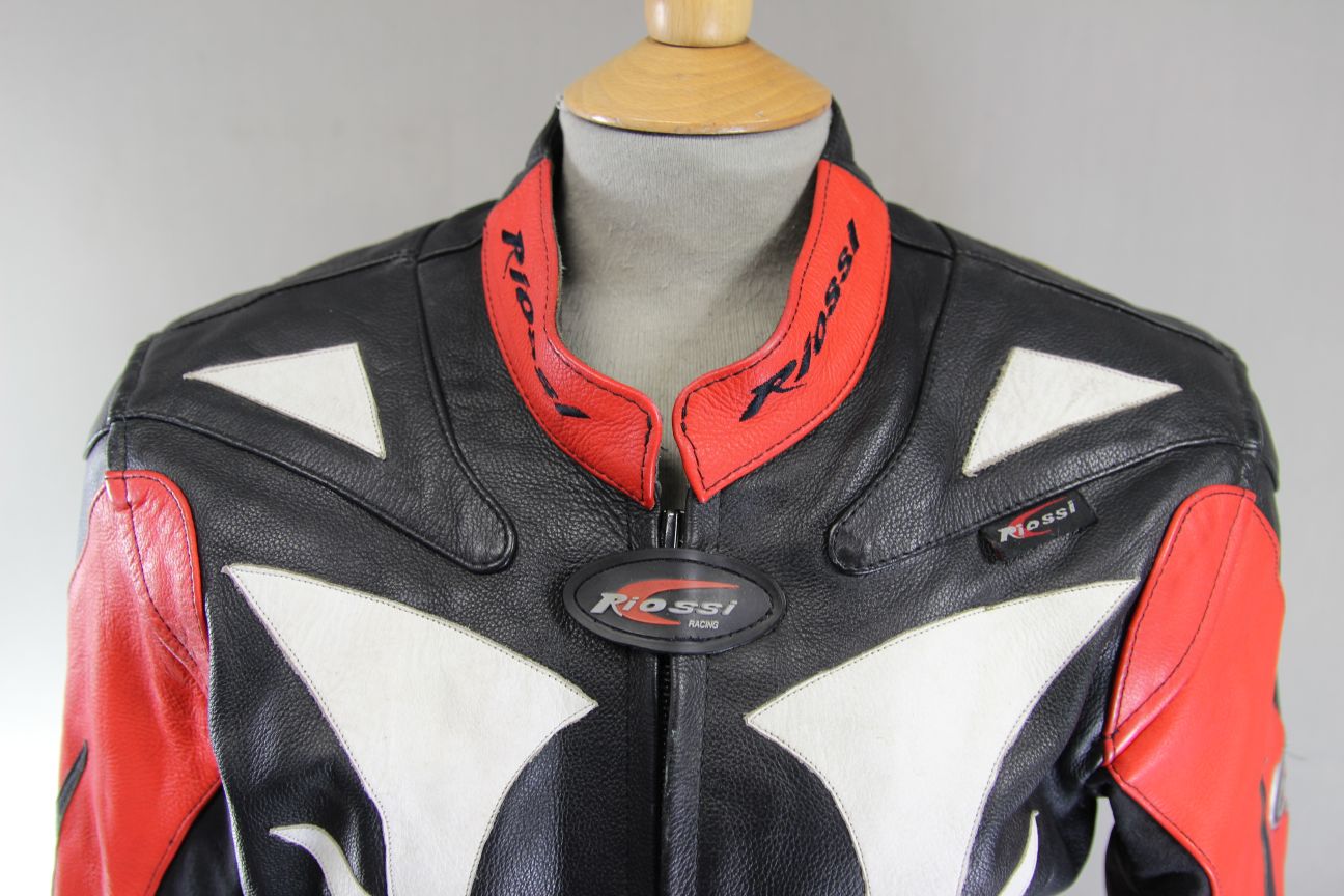 RIOSSI BLACK, WHITE & RED COWHIDE LEATHER BIKER JCKT + ARMOUR/THERMAL LINING 40"