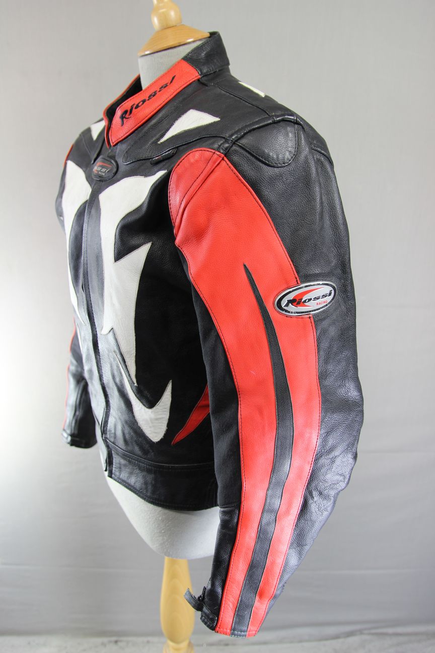 RIOSSI BLACK, WHITE & RED COWHIDE LEATHER BIKER JCKT + ARMOUR/THERMAL LINING 40"