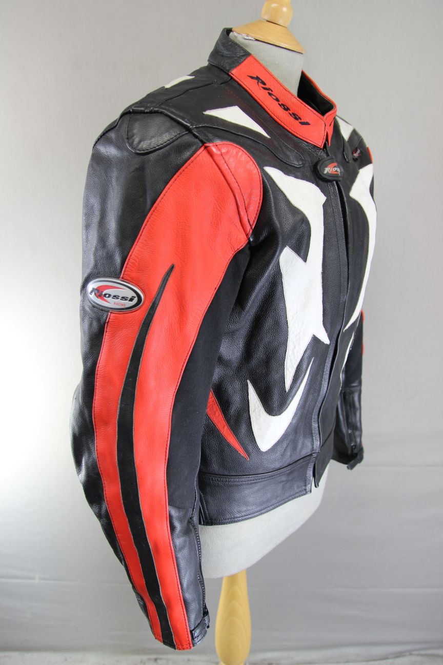 RIOSSI BLACK, WHITE & RED COWHIDE LEATHER BIKER JCKT + ARMOUR/THERMAL LINING 40"