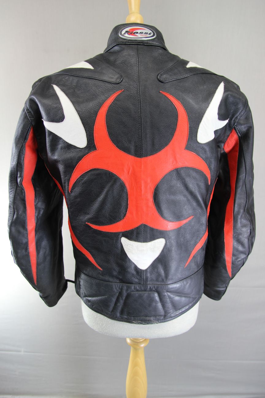RIOSSI BLACK, WHITE & RED COWHIDE LEATHER BIKER JCKT + ARMOUR/THERMAL LINING 40"