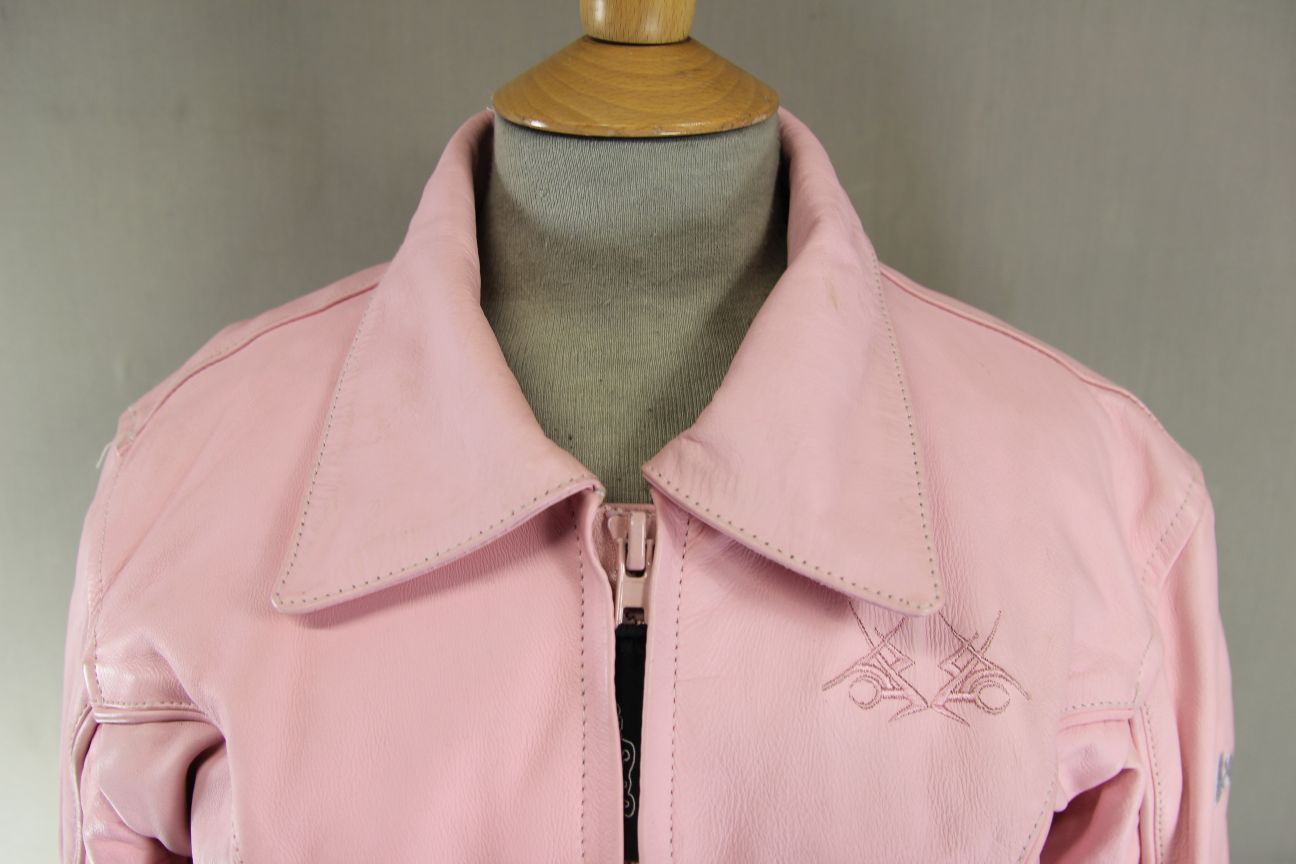 J&S PINK LEATHER BIKER JACKET: MEDIUM/38 INCH CHEST