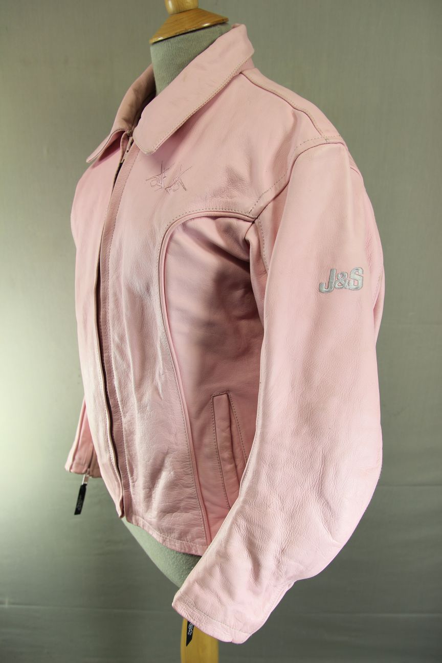 J&S PINK LEATHER BIKER JACKET: MEDIUM/38 INCH CHEST