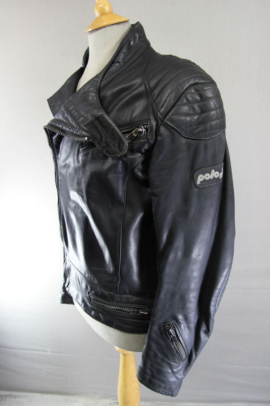 VINTAGE 1970's PUNK ROCK CLASSIC POLO BLACK LEATHER BIKER JACKET 42 INCH