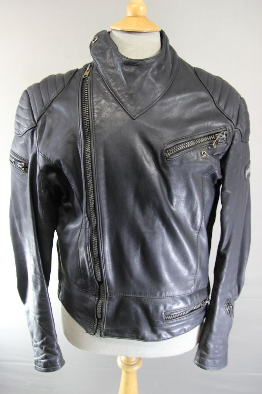 VINTAGE 1970's PUNK ROCK CLASSIC POLO BLACK LEATHER BIKER JACKET 42 INCH