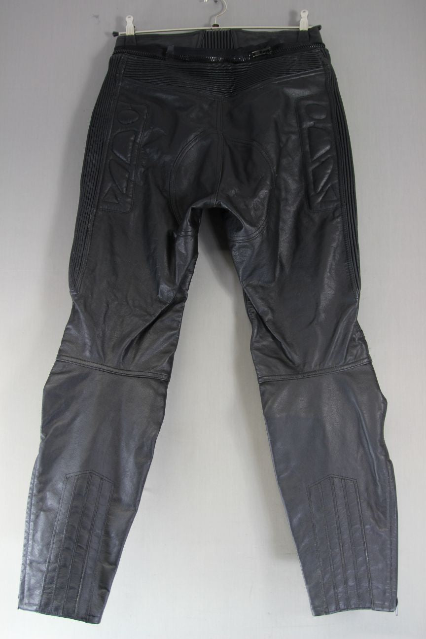 BOZ BLACK LEATHER BIKER TROUSERS: SIZE 14 WAIST 30 INCHES/INSIDE LEG 29 INCHES