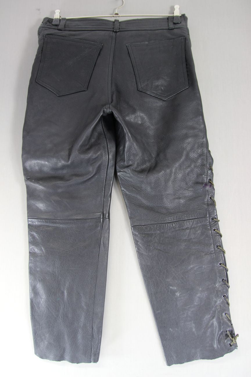 KJ BIKER'S WEAR BLACK LEATHER JEANS WITH SIDE LACES WAIST 34 IN/INSIDE LEG 27 IN
