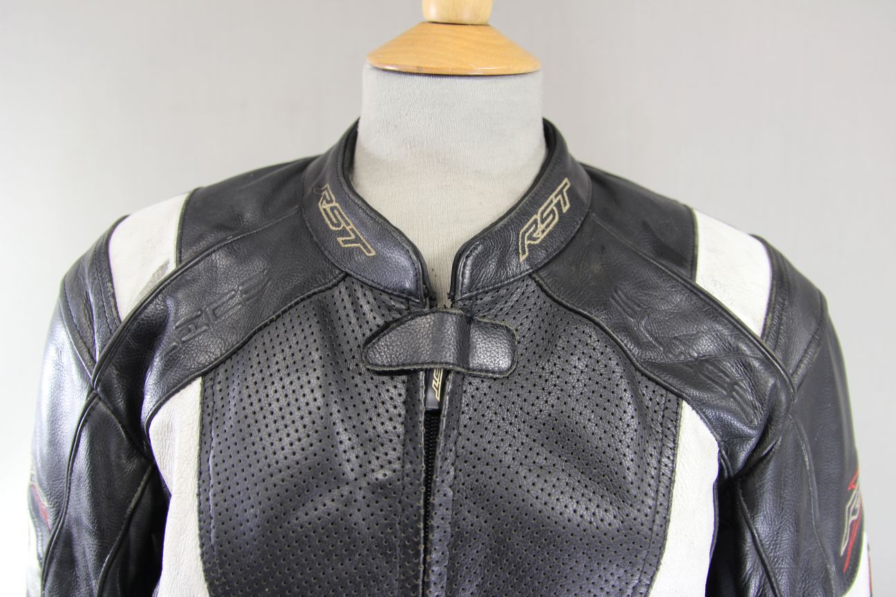 RST SLICE BLACK & WHITE LEATHER BIKER JACKET WITH CONTOUR PLUS CE ARMOUR 38 INCH