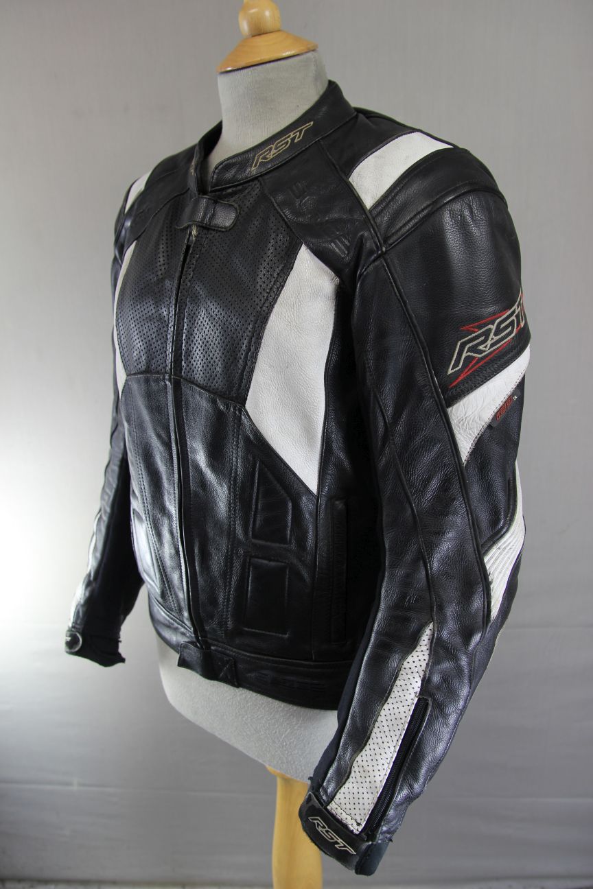 RST SLICE BLACK & WHITE LEATHER BIKER JACKET WITH CONTOUR PLUS CE ARMOUR 38 INCH