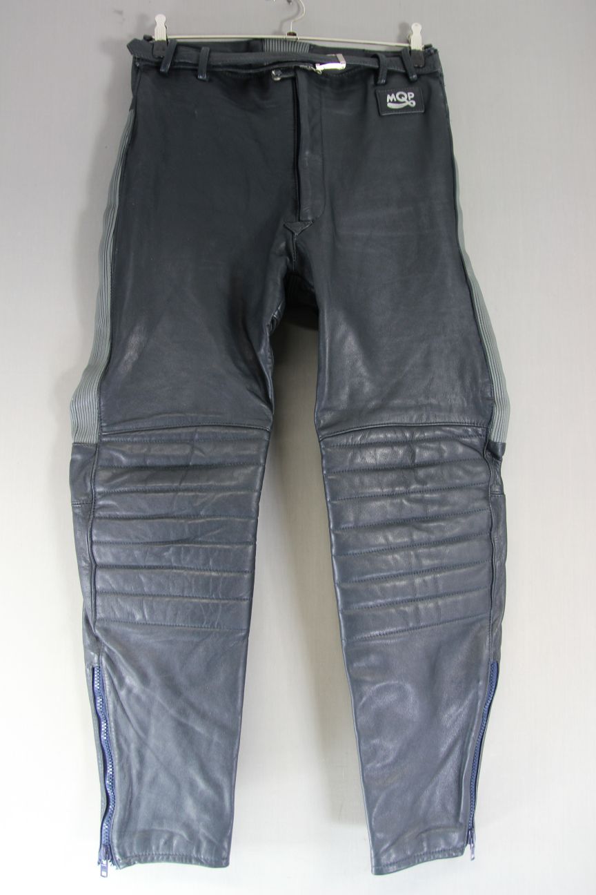 VINTAGE MQP DARK GREY & LIGHT GREY LEATHER BIKER TROUSERS: WAIST 34 IN/LEG 31 IN