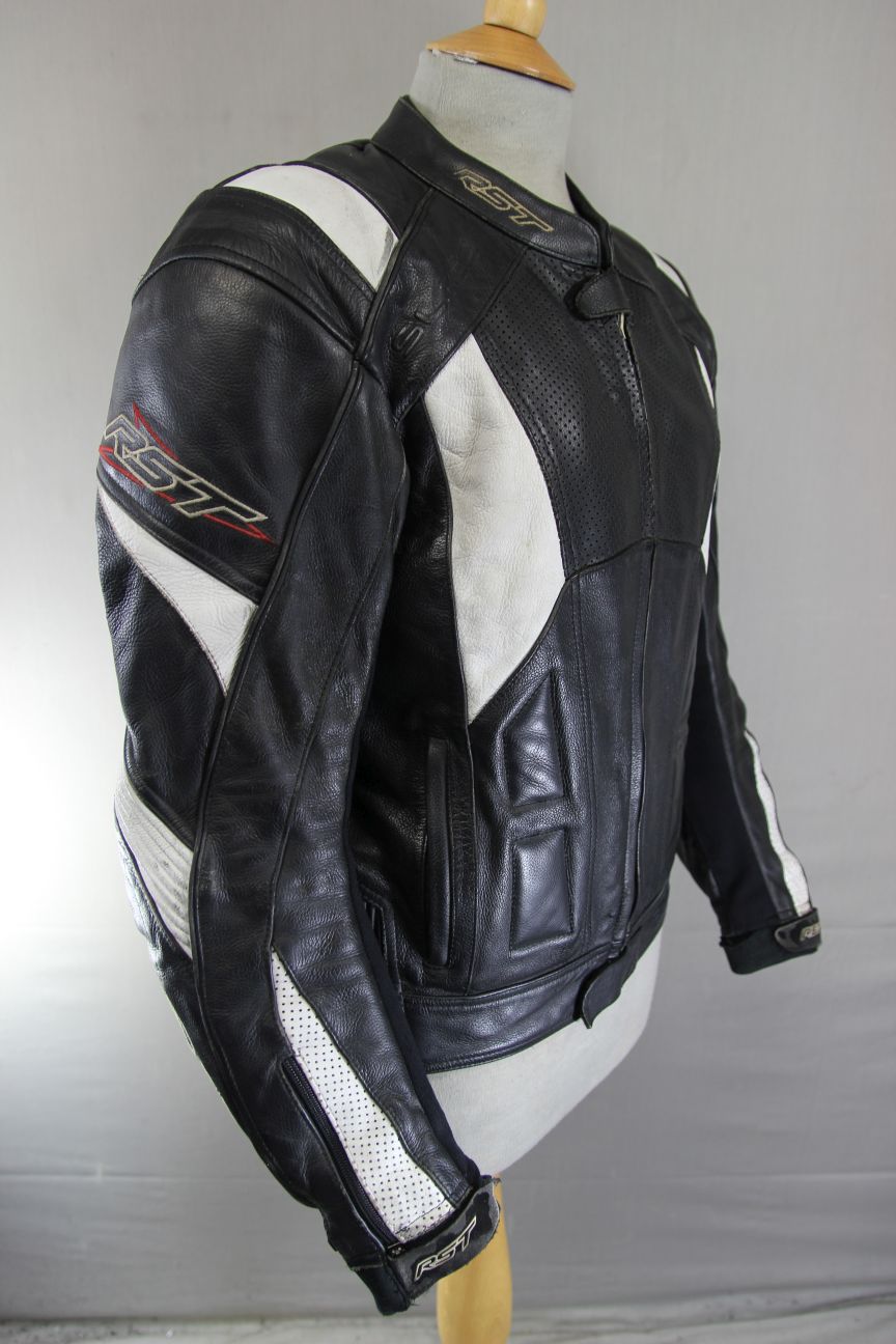 RST SLICE BLACK & WHITE LEATHER BIKER JACKET WITH CONTOUR PLUS CE ARMOUR 38 INCH