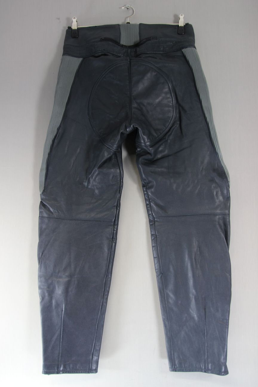VINTAGE MQP DARK GREY & LIGHT GREY LEATHER BIKER TROUSERS: WAIST 34 IN/LEG 31 IN