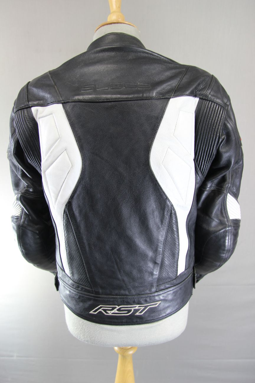 RST SLICE BLACK & WHITE LEATHER BIKER JACKET WITH CONTOUR PLUS CE ARMOUR 38 INCH