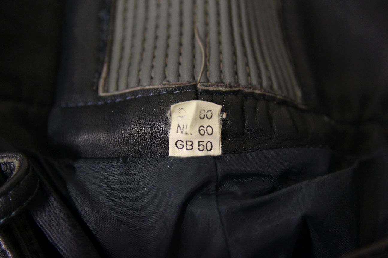 VINTAGE MQP DARK GREY & LIGHT GREY LEATHER BIKER TROUSERS: WAIST 34 IN/LEG 31 IN