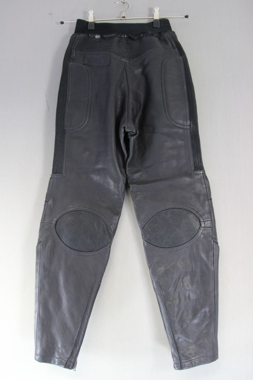 RICHA BLACK LEATHER BIKER TROUSERS: SIZE 10 WAIST 26 INCHES/INSIDE LEG 27 INCHES