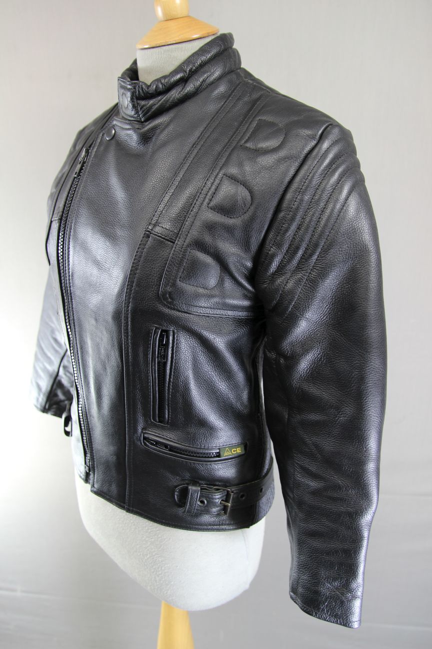 CLASSIC BLACK ACE LEATHERS BIKER JACKET SIZE 10-12: 34 INCH CHEST