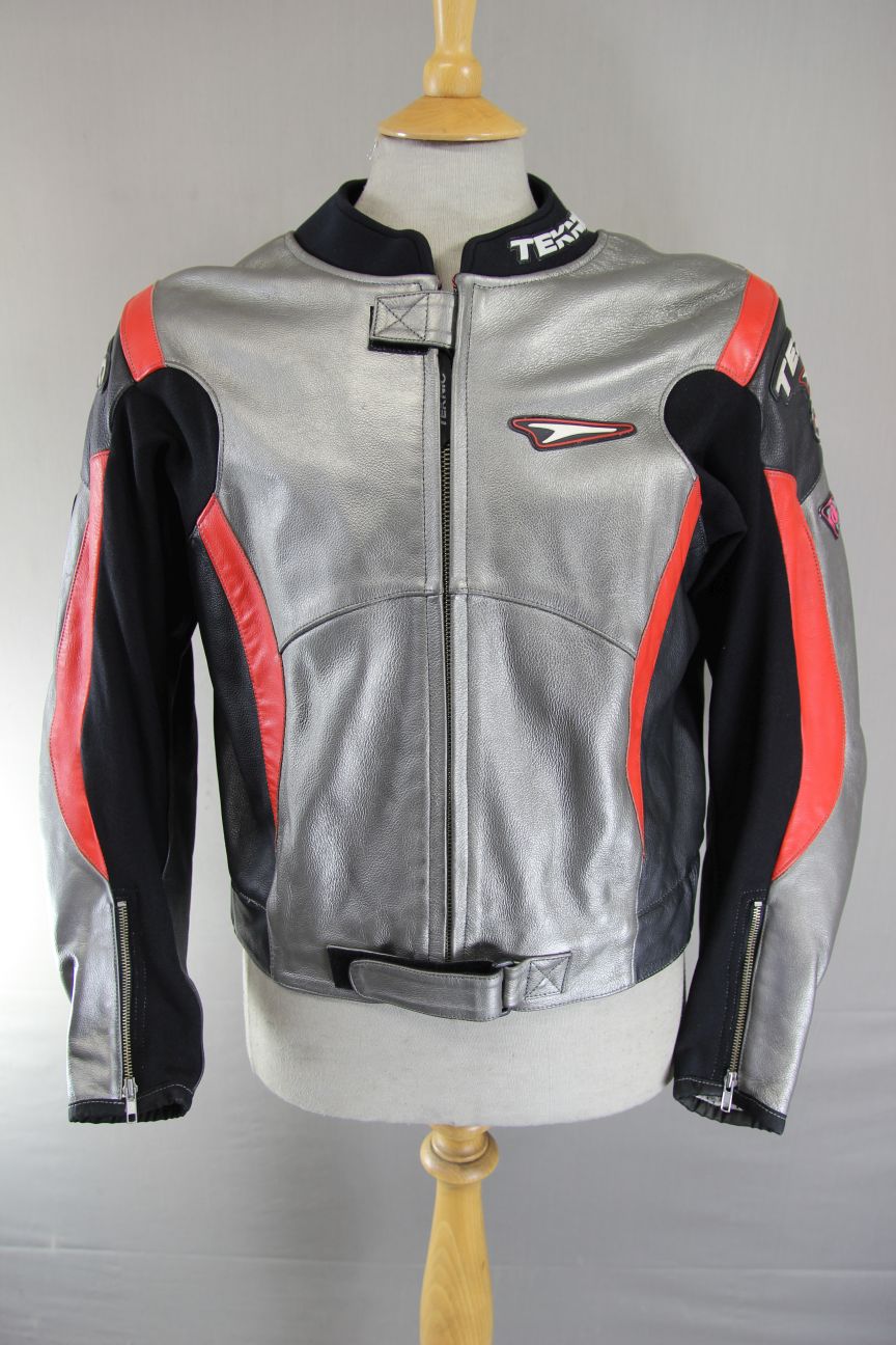 TEKNIC SILVER, BLACK & RED LEATHER BIKER JACKET WITH KNOX CE ARMOUR 40-42 INCH