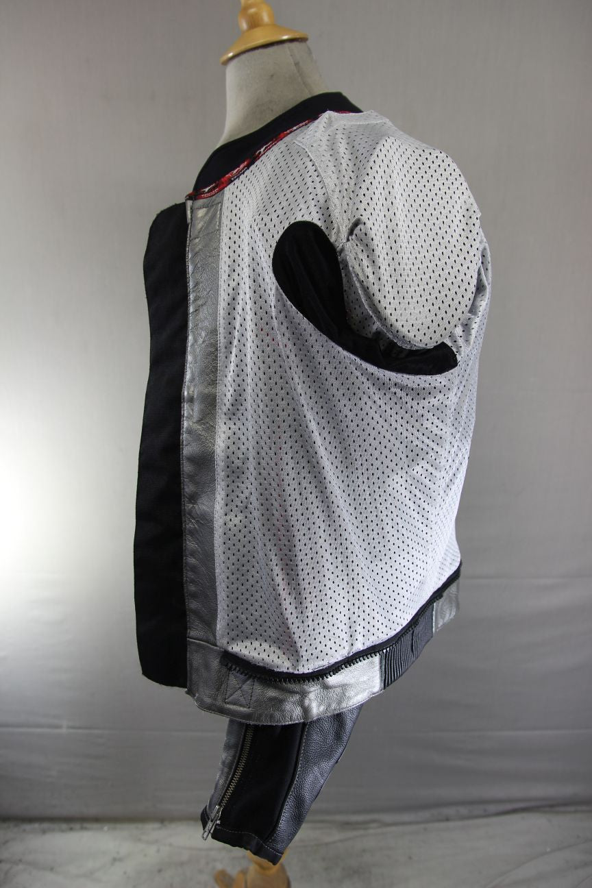 TEKNIC SILVER, BLACK & RED LEATHER BIKER JACKET WITH KNOX CE ARMOUR 40-42 INCH