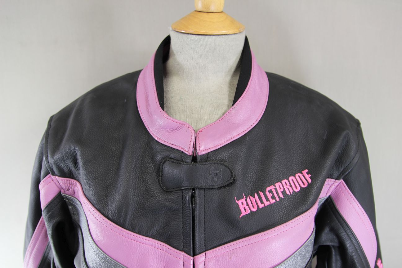BULLETPROOF BLACK/PINK/SILVER LEATHER BIKER JCKT + ARMOUR/THERMAL LINING SIZE 18