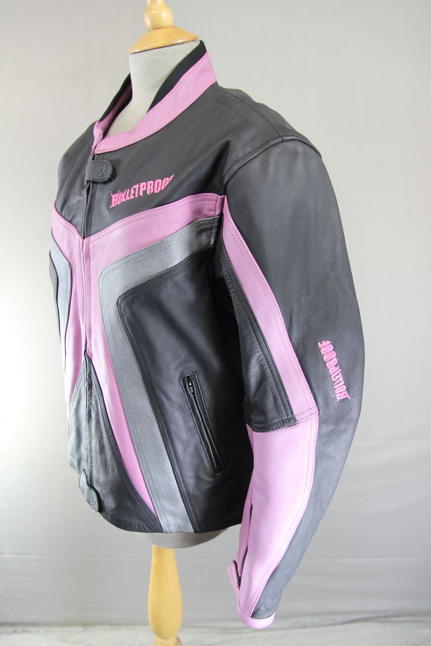 BULLETPROOF BLACK/PINK/SILVER LEATHER BIKER JCKT + ARMOUR/THERMAL LINING SIZE 18