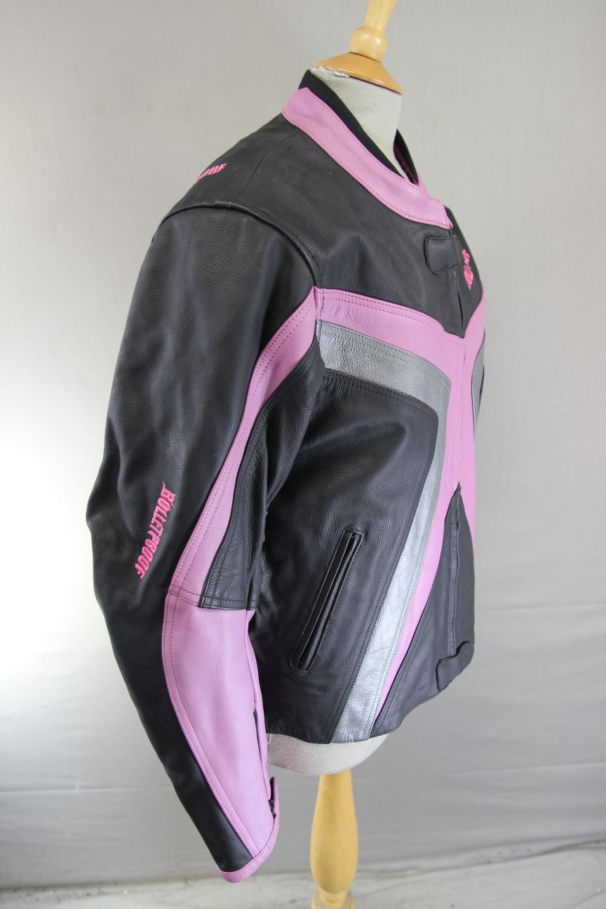BULLETPROOF BLACK/PINK/SILVER LEATHER BIKER JCKT + ARMOUR/THERMAL LINING SIZE 18