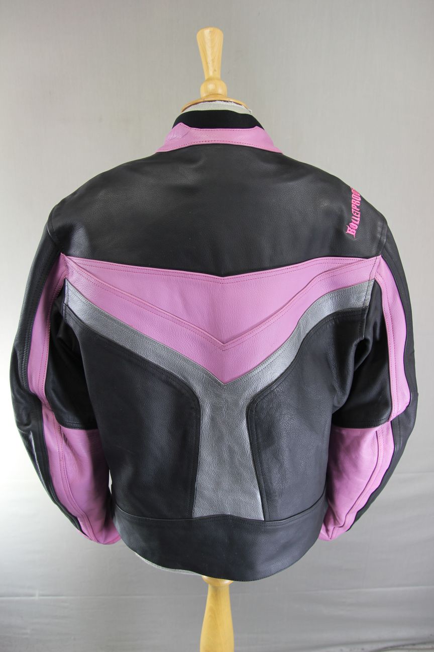 BULLETPROOF BLACK/PINK/SILVER LEATHER BIKER JCKT + ARMOUR/THERMAL LINING SIZE 18