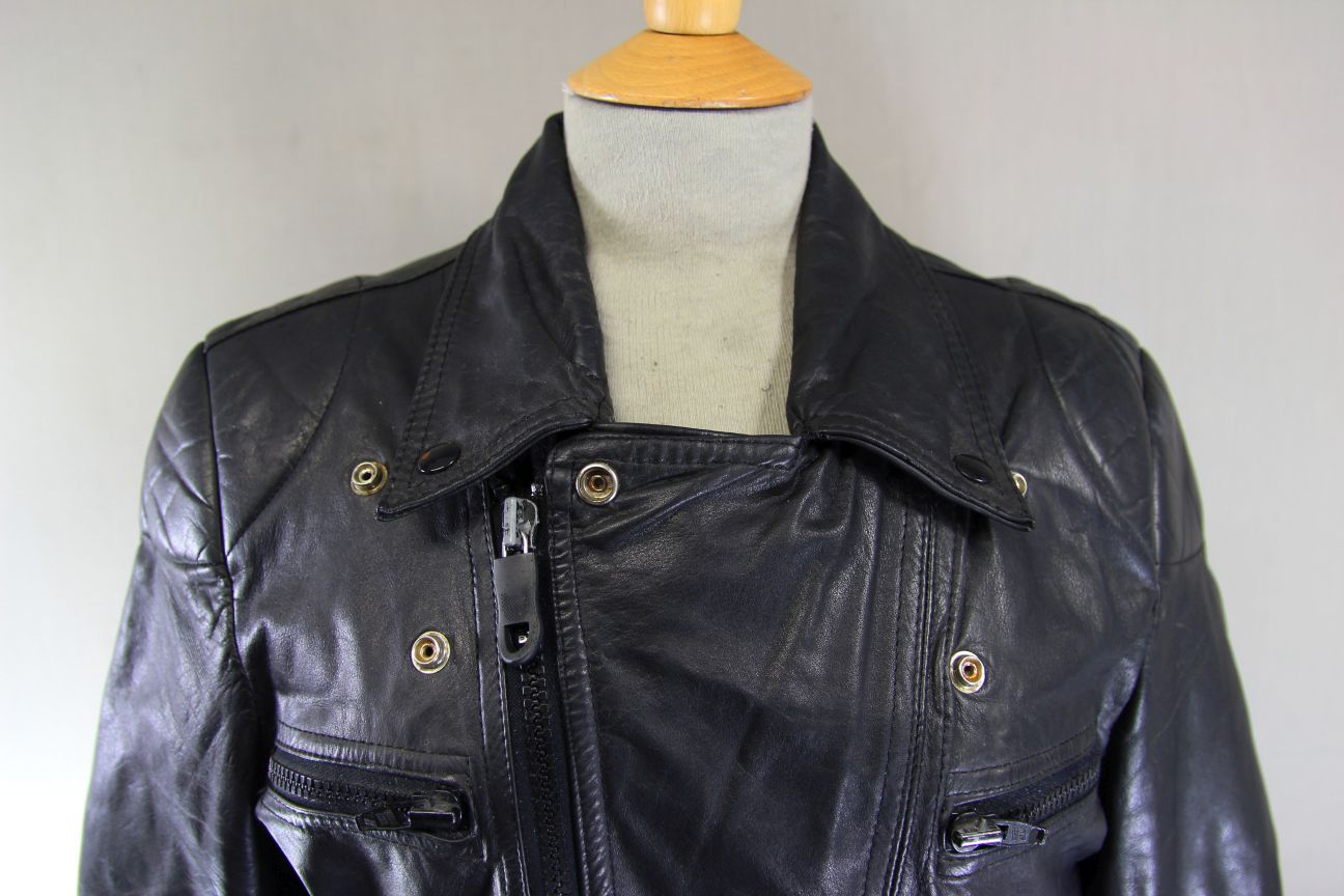 VINTAGE 1970's PUNK ROCK CLASSIC BLACK LEATHER BIKER JACKET 38 INCH