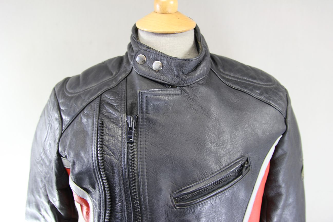 VINTAGE KETT CLASSIC BLACK, RED & GREY COWHIDE LEATHER BIKER JACKET 36-38 INCH