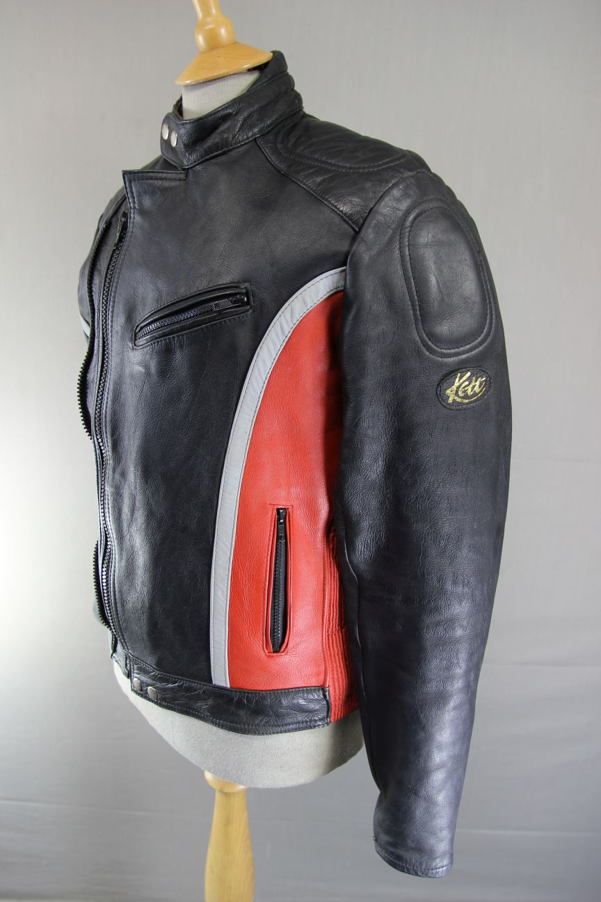 VINTAGE KETT CLASSIC BLACK, RED & GREY COWHIDE LEATHER BIKER JACKET 36-38 INCH