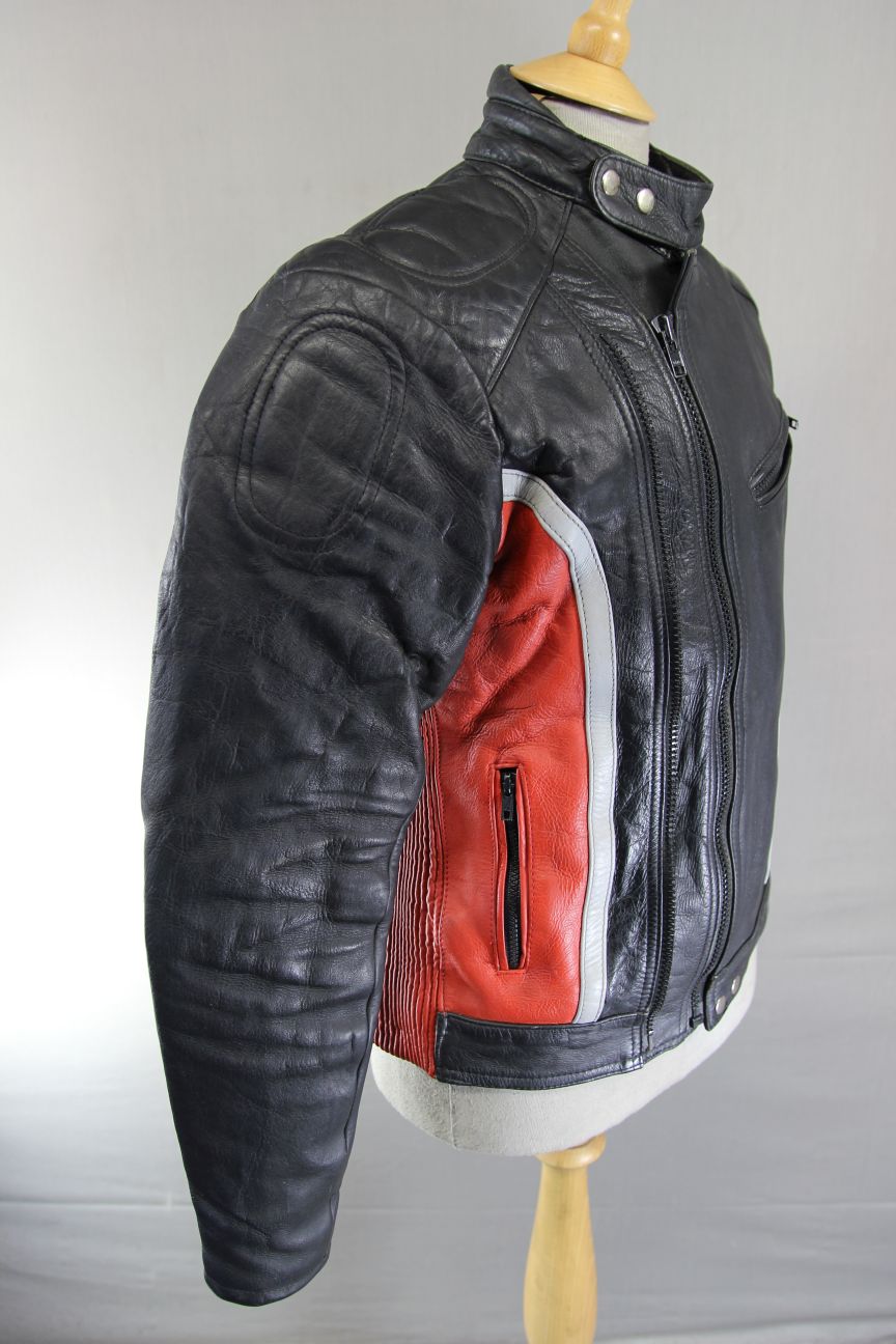 VINTAGE KETT CLASSIC BLACK, RED & GREY COWHIDE LEATHER BIKER JACKET 36-38 INCH