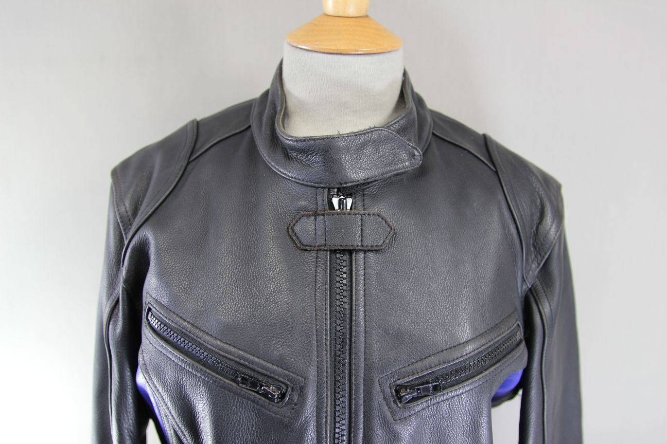 RIDER BLACK & BLUE LEATHER BIKER JACKET SIZE 12