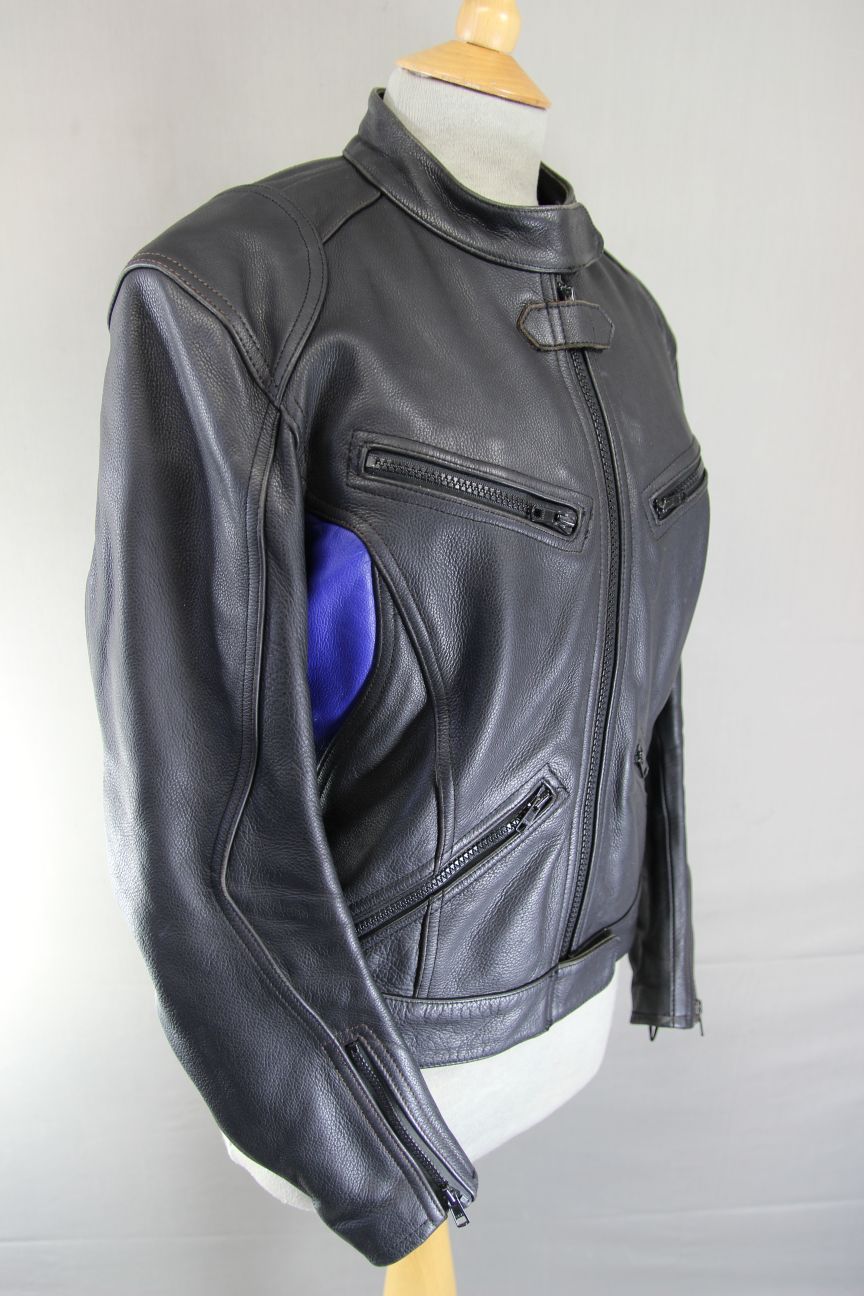 RIDER BLACK & BLUE LEATHER BIKER JACKET SIZE 12