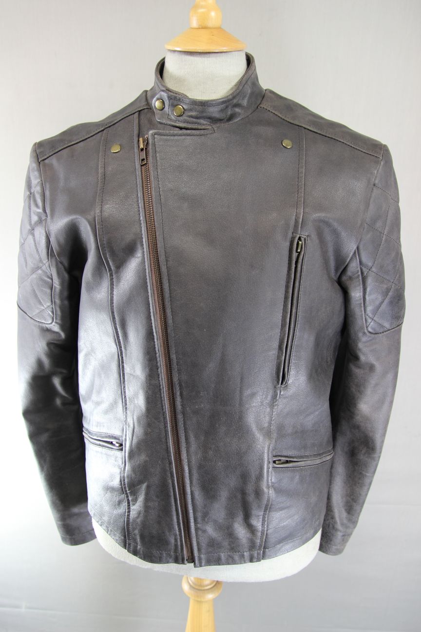 MISSION DARK BROWN DISTRESSED/PRE WORN LEATHER BIKER JACKET 40 INCH CHEST/MEDIUM