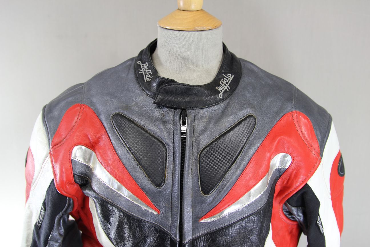 BUFFALO BLACK, RED, SILVER & WHITE LEATHER BIKER JACKET WITH CE ARMOUR 42 INCH