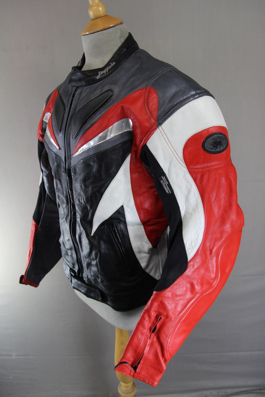 BUFFALO BLACK, RED, SILVER & WHITE LEATHER BIKER JACKET WITH CE ARMOUR 42 INCH