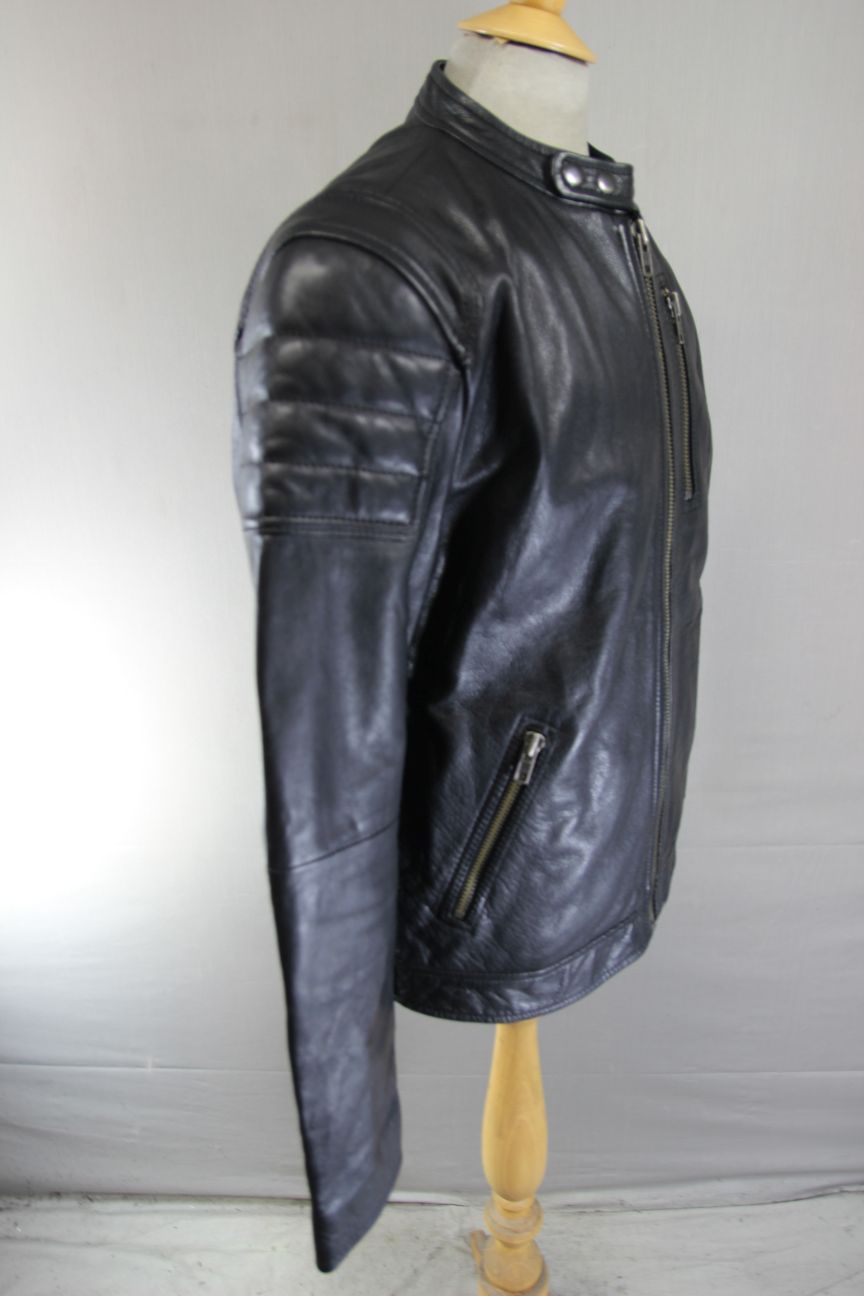 LABEL LAB LONDON RETRO BLACK COWHIDE LEATHER COTTON LINED BIKER JACKET 40-42 IN