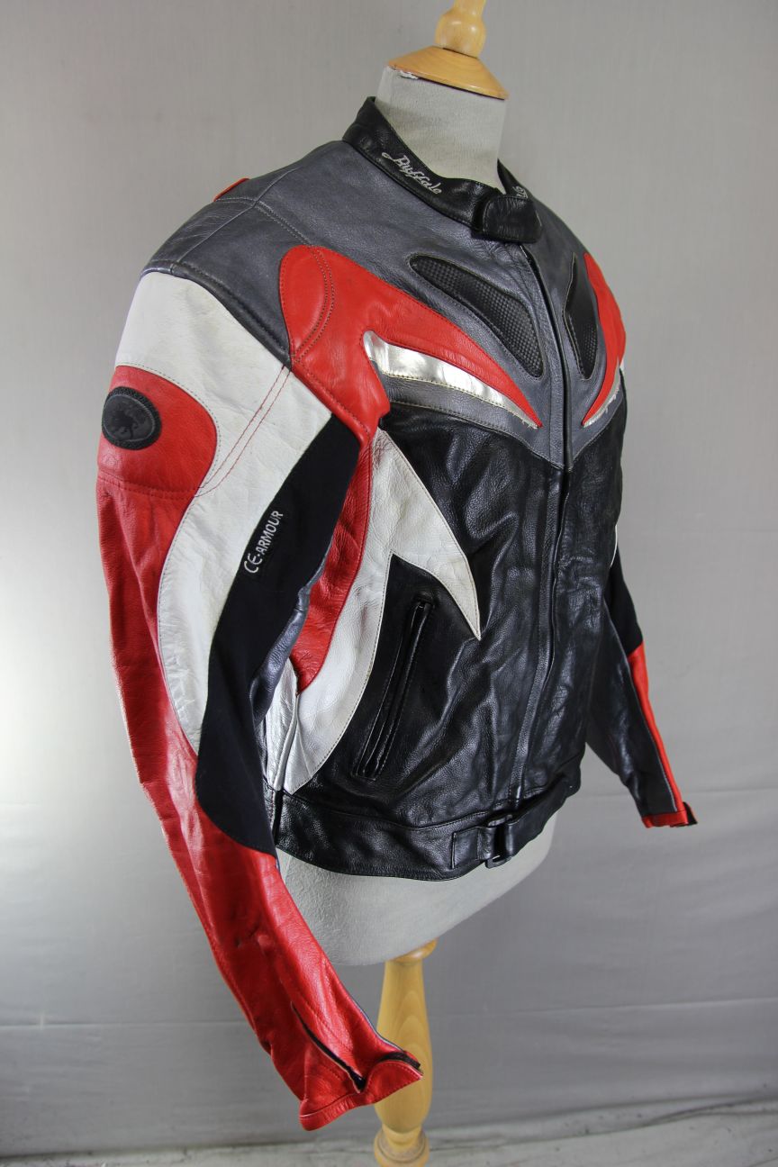 BUFFALO BLACK, RED, SILVER & WHITE LEATHER BIKER JACKET WITH CE ARMOUR 42 INCH