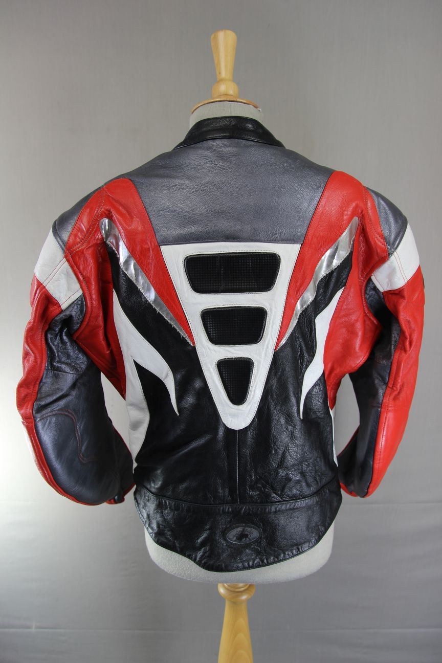 BUFFALO BLACK, RED, SILVER & WHITE LEATHER BIKER JACKET WITH CE ARMOUR 42 INCH