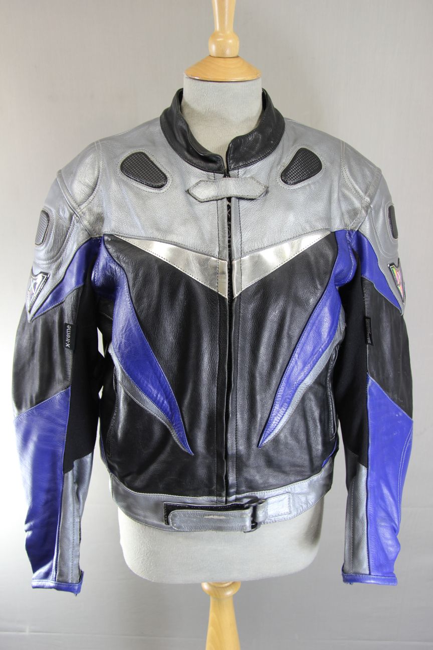 X-TREME BLACK, SILVER & BLUE LEATHER BIKER JACKET + ARMOUR/THERMAL LINING SIZE16