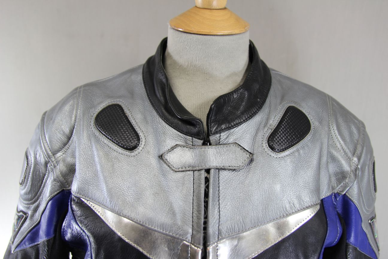 X-TREME BLACK, SILVER & BLUE LEATHER BIKER JACKET + ARMOUR/THERMAL LINING SIZE16